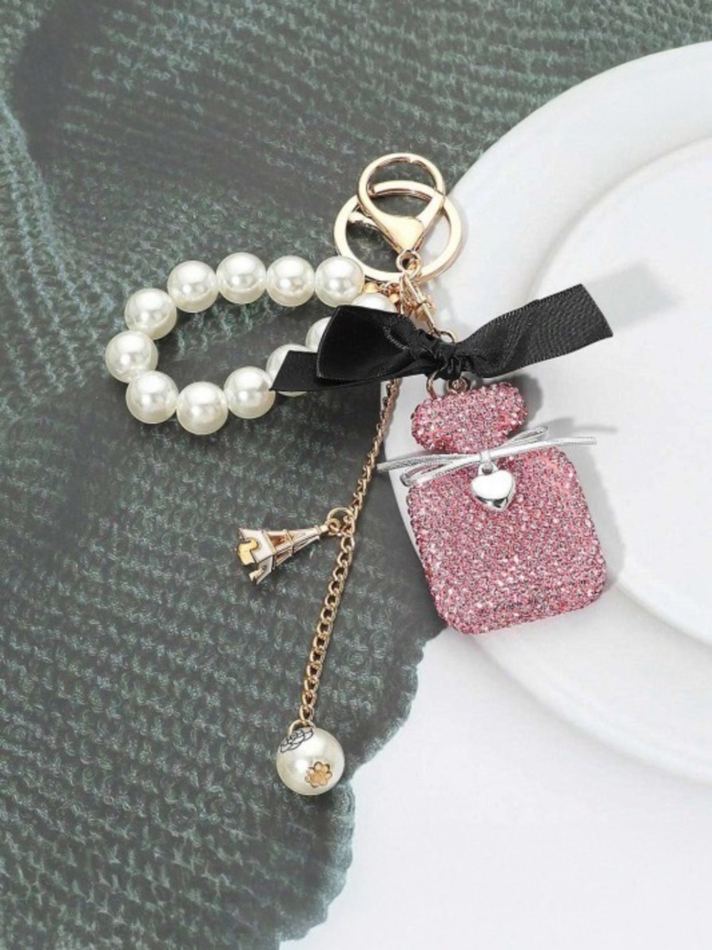 Pink Ab crystal perfume pearl stone keychain bag charm rhinestone beaded